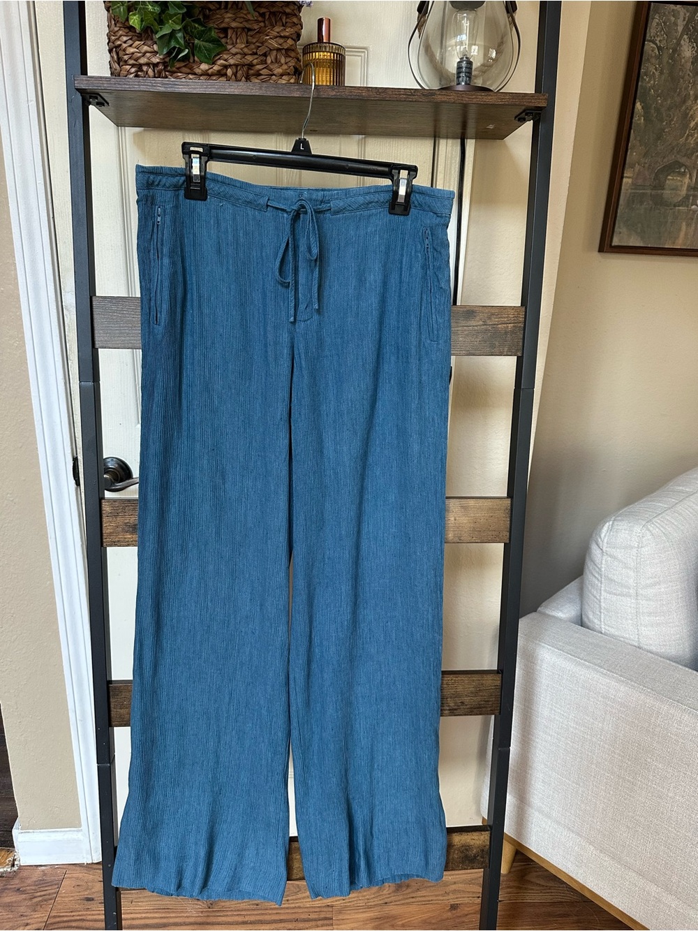 Ellen Tracy Linen Blend Wide-Leg Drawstring Pants in Denim Blue - Picture 2 of 9
